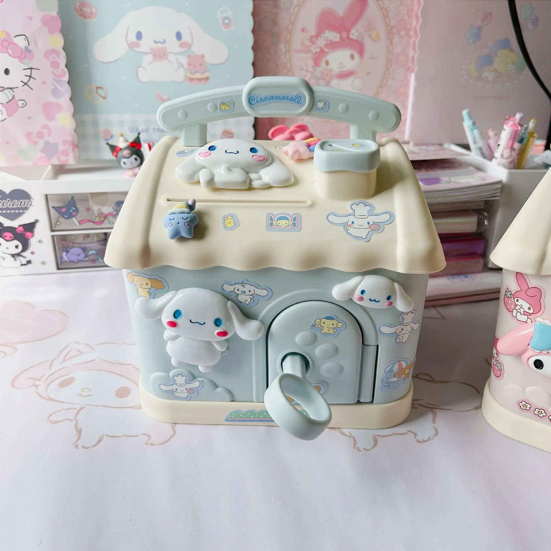 Sanrio Piggy Bank Cinnamoroll Melody Cartoon Cute Little House-shaped Piggy Bank Kawaii Kuromi Sticker Storage Key Cabinet Gift