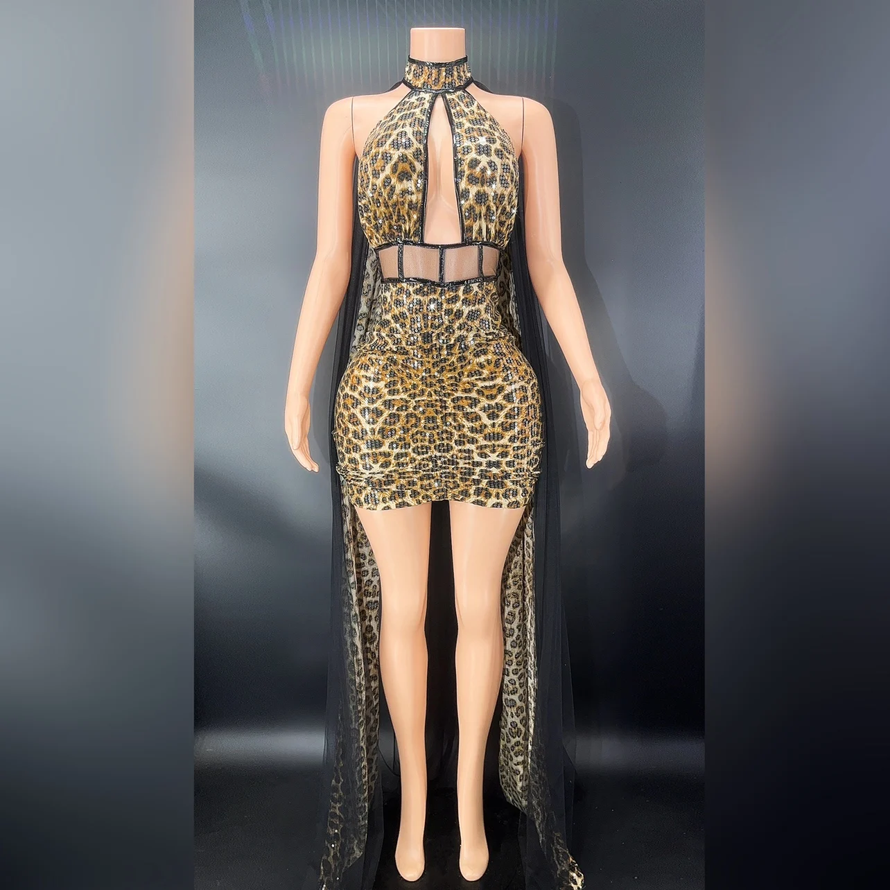 

New Sequins Leopard Pattern Halter Neck Dress Women Dancer Sleeveless Stage Wear Birthday Celebrate Party Outfit Costume