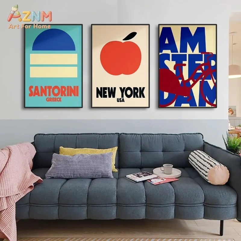 Pop Art City Landmark Letter Gallery Wall Set Minimal Urban Building Canvas Poster Home Apartment Decor Unframed