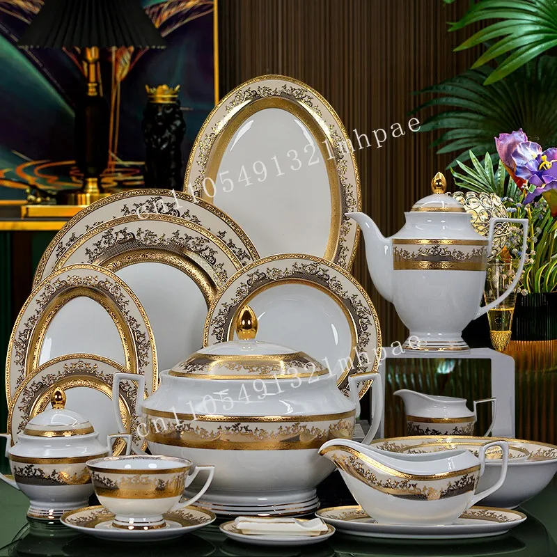 

98pcs chinaware luxury porcelain dinnerware set gold design bone china dinner plate dishes bowl tea coffee cup sets