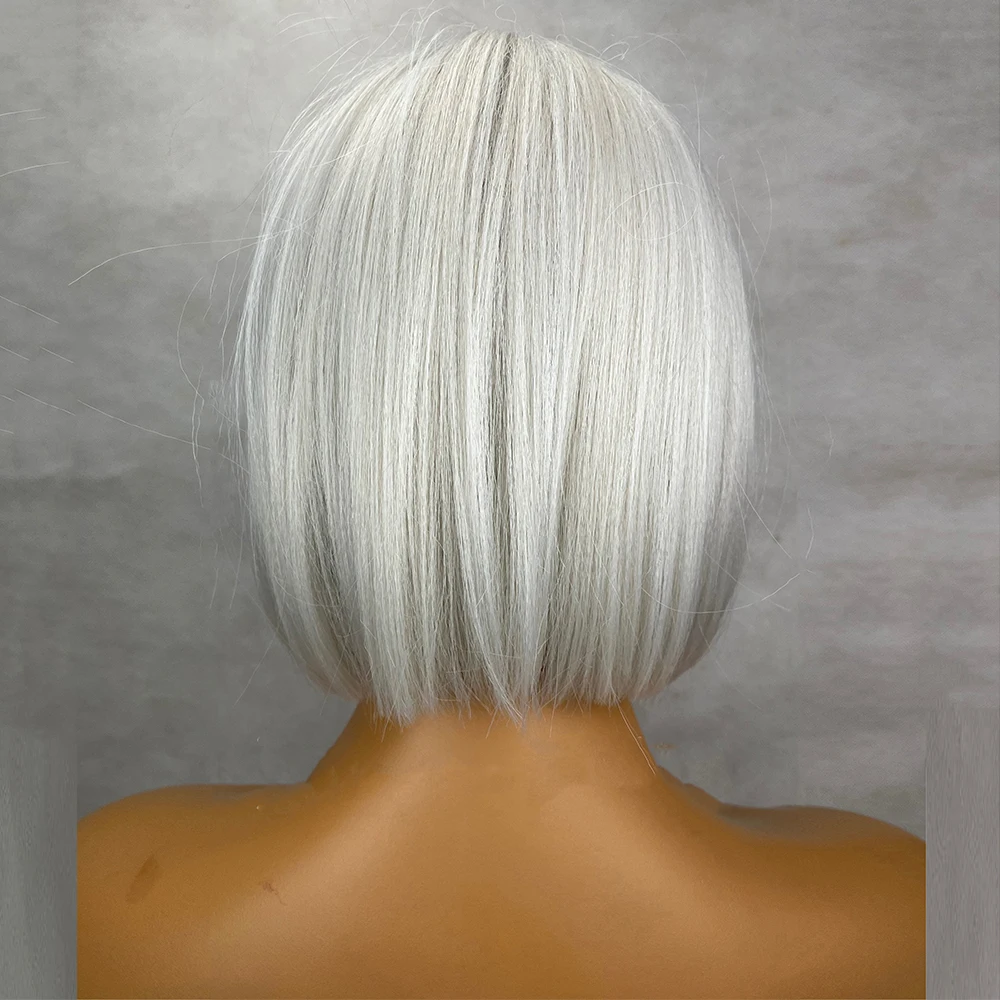 Peluca corta de cabello humano, postizo de 12 pulgadas con encaje frontal sintético, raya central recta, color blanco, rubio platino, 150 de