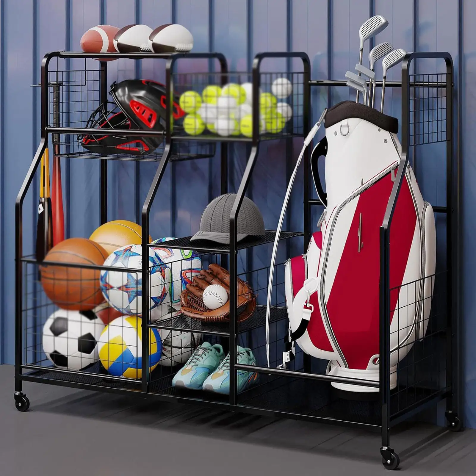 

Стеллаж для хранения сумки для гольфа, многоцелевой держатель, подвижный гаражный органайзер для наружного крытого сарая, подвала, высокая надежность, практичность