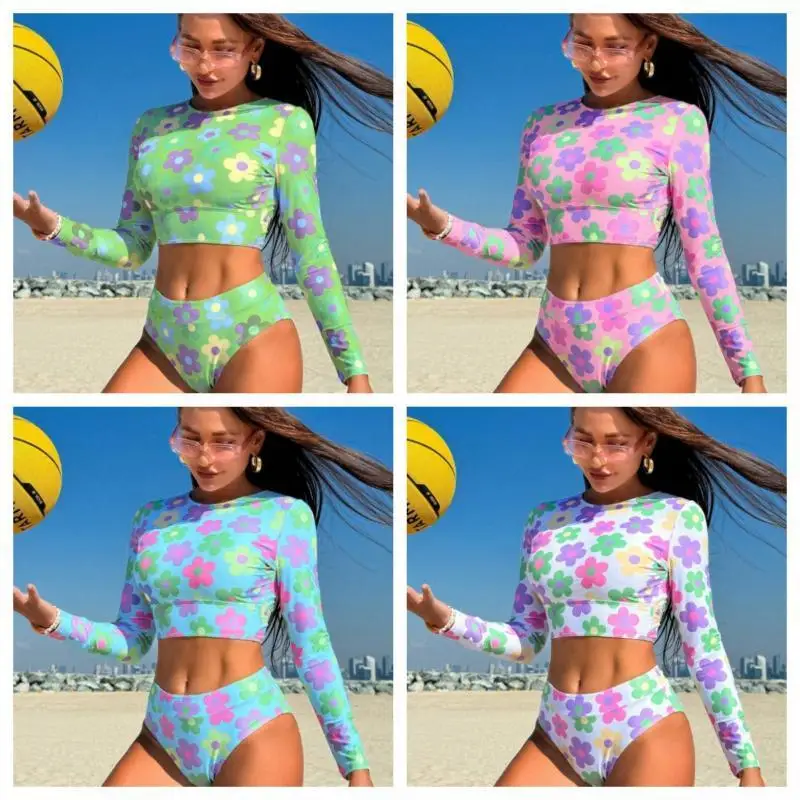 

Летний пляжный отдых с принтом, женский купальник, сексуальный купальник с длинными рукавами, консервативный бикини, костюм для серфинга и дайвинга