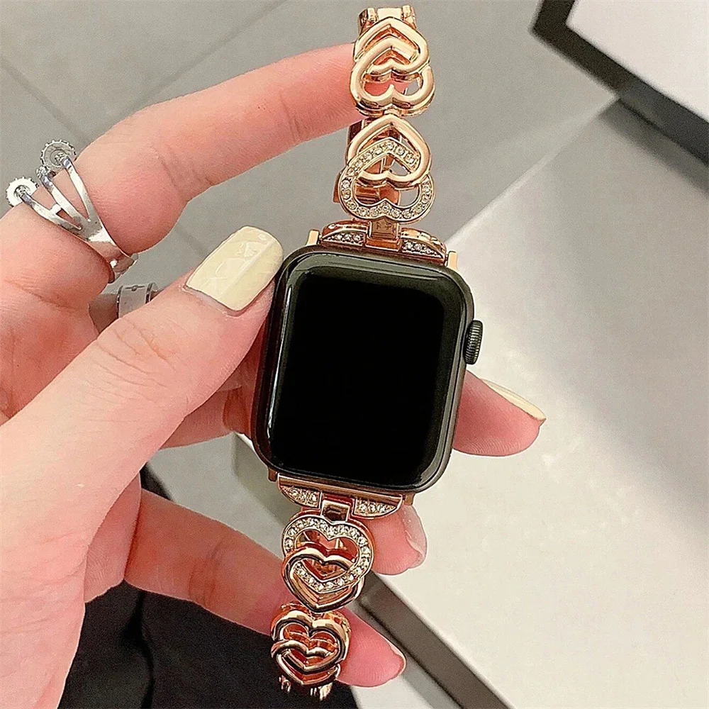 Luxury Love Heart Diamond Metal Band For Apple Watch 8 Ultra 7 6 5 SE Strap For iWatch 9 41mm 45mm 49mm 40mm 38mm 44mm Bracelet