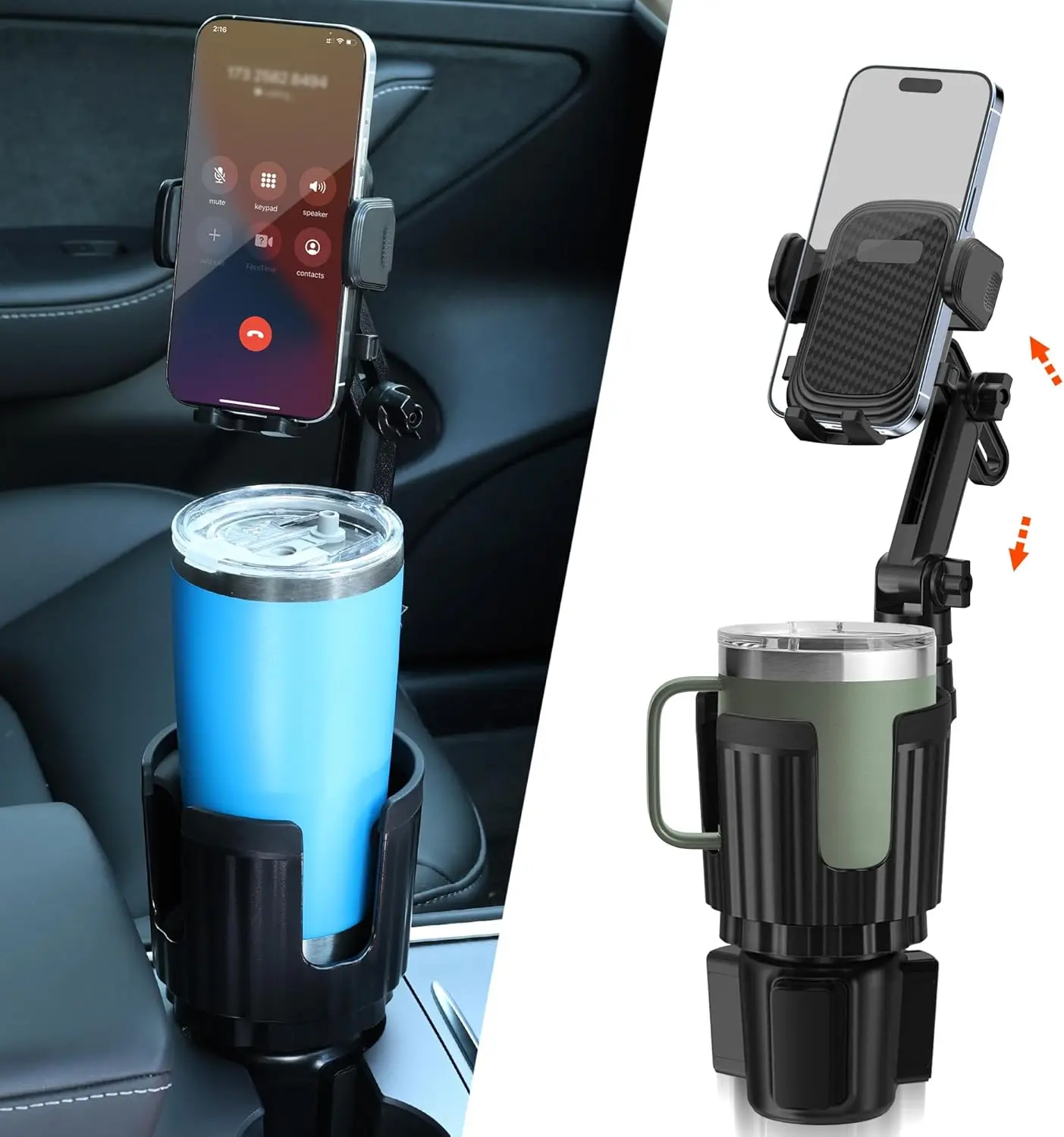 Soporte para Teléfono 2 en 1 para Portavasos de Auto con Base Ajustable, 360° °   Cuello Flexible para Teléfonos Inteligentes y Botellas de 4-7 Pulgadas