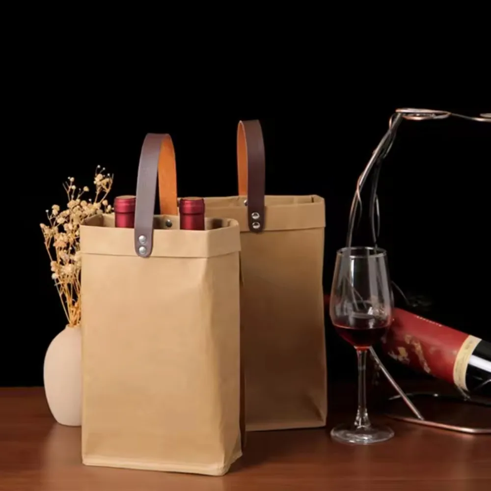 Portable Washable Kraft Paper Wine Bottle Bag Thickened Waterproof Wine Bottle Carrier Eco-friendly Nordic Wine Gift Bag outdoor