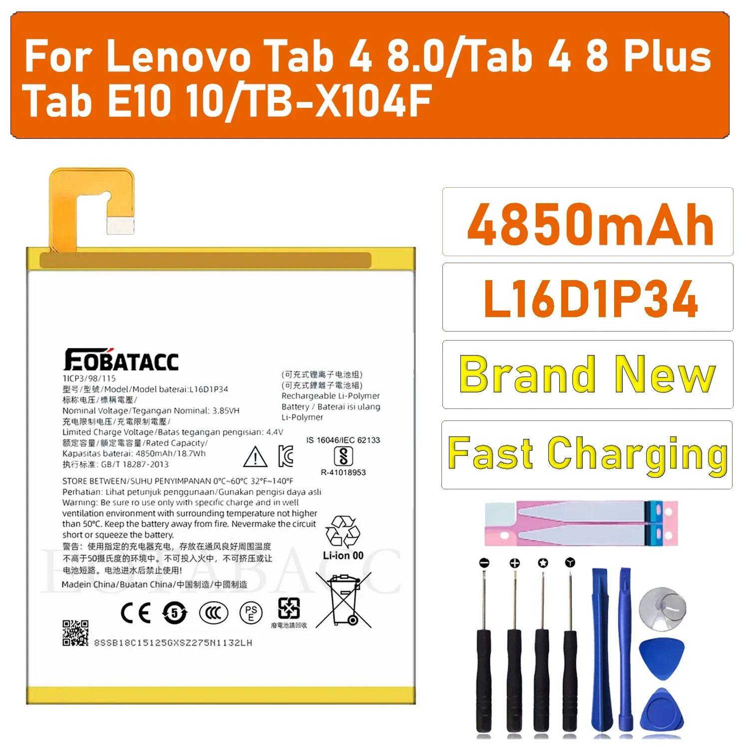 

100% New Battery L16D1P34 For Lenovo Tab 4 8/TB-8504X/Tab 4 8 Plus Battery + Free Tools
