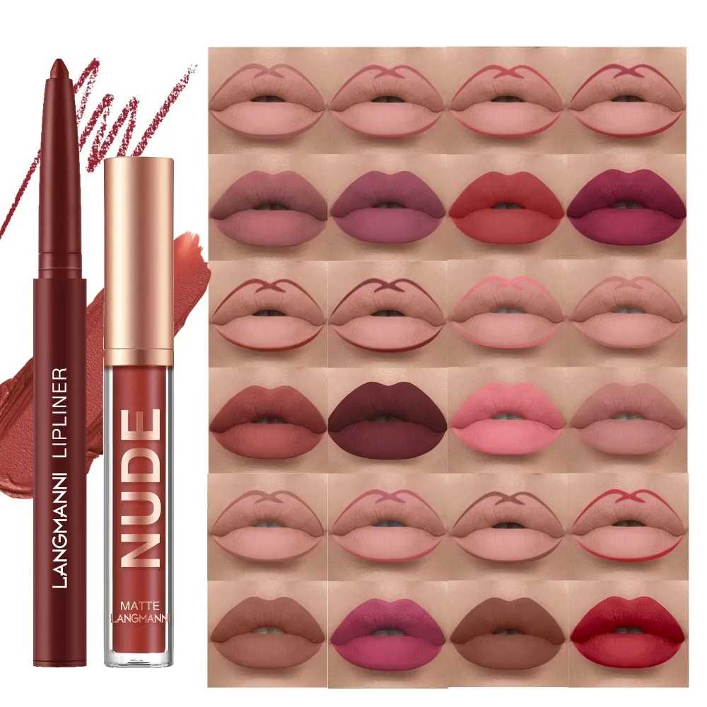 Lipliner- und Lipgloss-Set, 2-teilig, wasserfest, mattes Finish, kussfest, langlebige Formel für definierte Lippen, perfektes Paar-Kombination