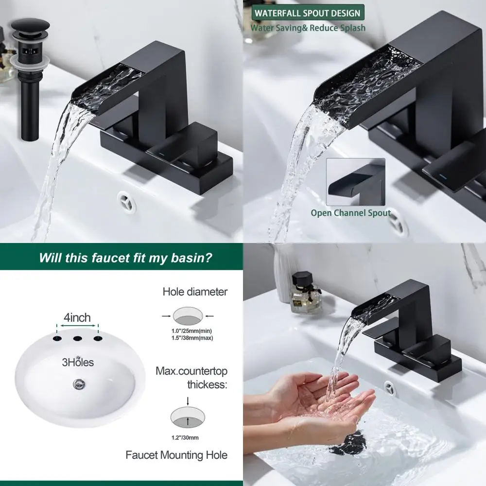 

«4-дюймовый центральный смеситель для раковины с водопадом и 2 ручками, смеситель для раковины с 3 отверстиями, выдвижным сливом и переливом»