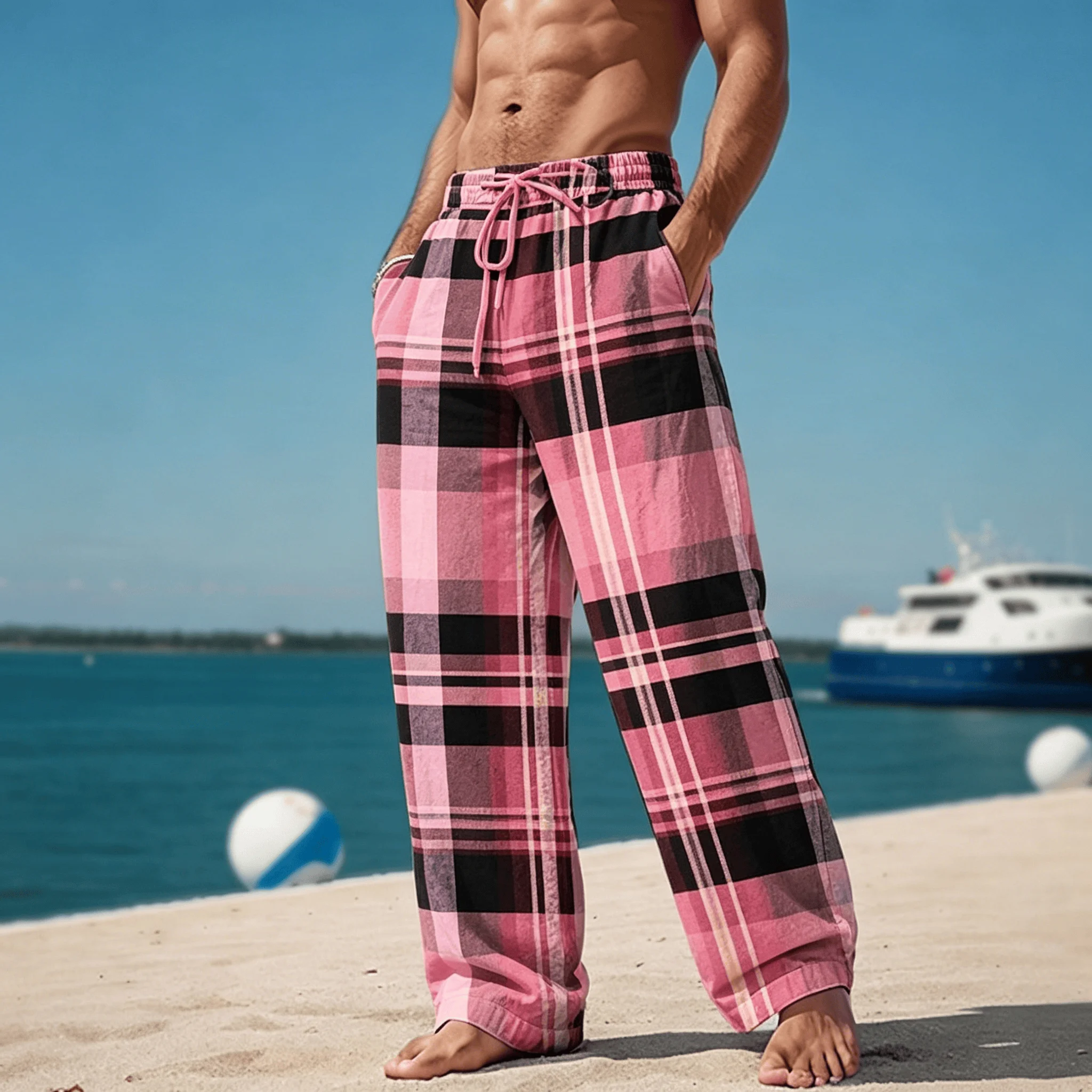Men's Colorful Plaid Palm Print Drawstring Wide Leg Pants, Tropical Beach Straight Pants For Spring & Summer