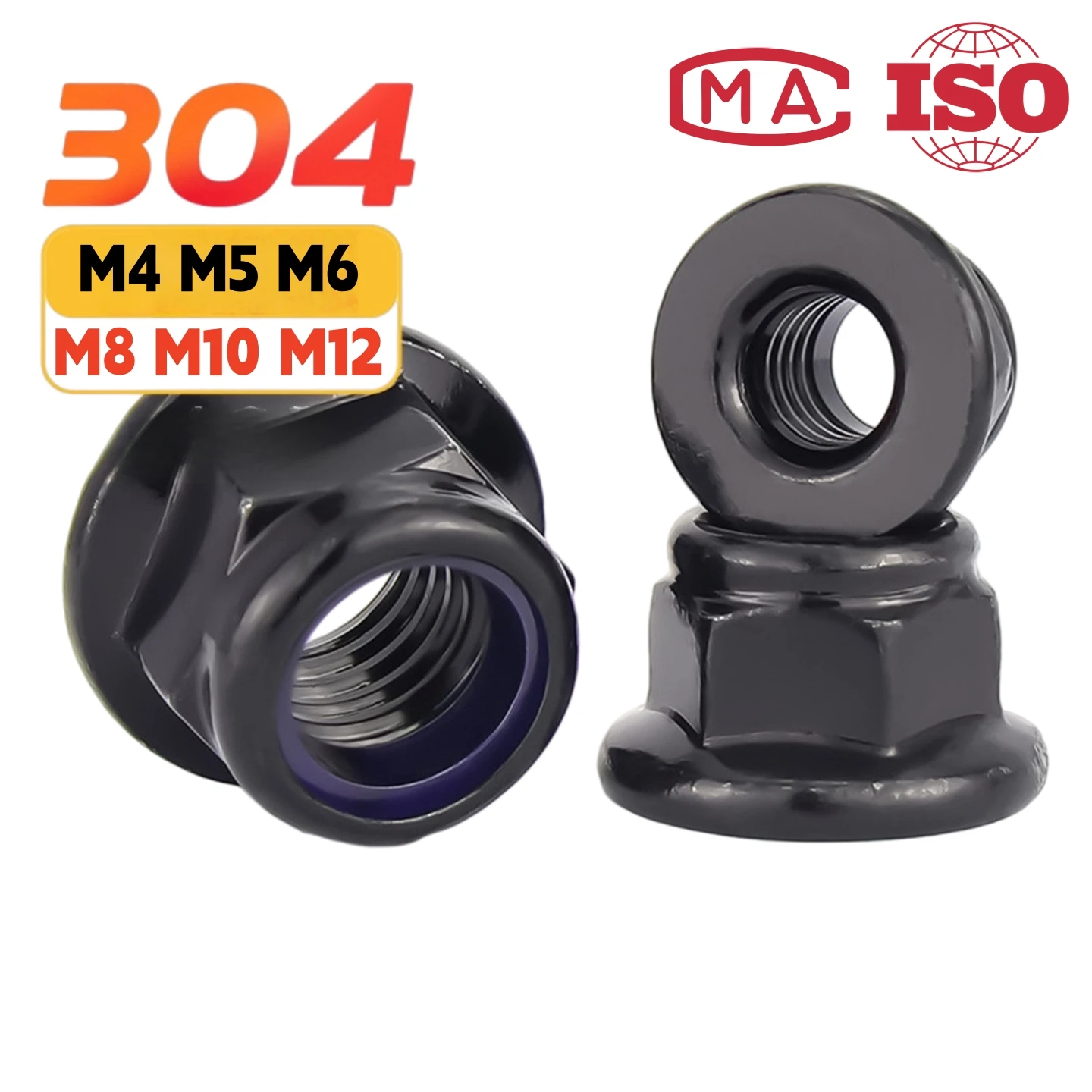 M4 M5 M6 M8 M10 M12 Black 304 Stainless Steel DIN6926 Hexagon Flange Nut with Nylon Lock Smooth Bottom Anti-loosening Nuts