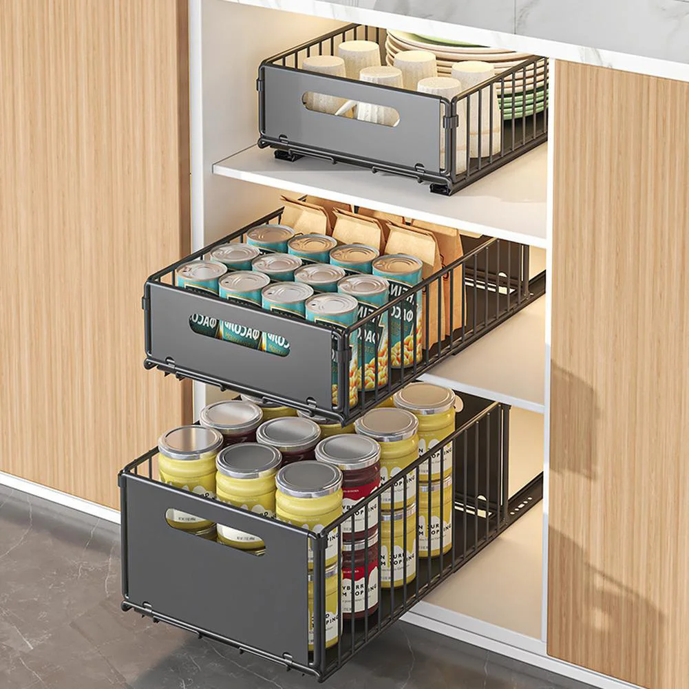 

1pc/2pcs Pull Out Cabinet Organizer Expandable Kitchen Drawers Heavy Duty Slide Out Storage Basket With Adhesive Film