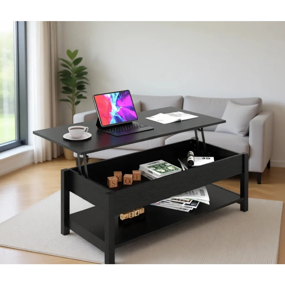 

Lift Top Coffee Table with Hidden Storage and Open Shelf for Living Room