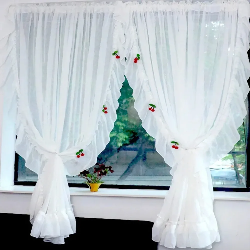 2PCS White Faux Linen Sheer Short Curtains for Kitchen Cafe Vintage Ruffled Lace Shabby Red Cherry Half Window Treatment Drapes