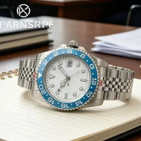 Часы GMT 40 мм, белый элегантный простой циферблат с синим керамическим безелем, сапфировое стекло, мужские автоматические механические часы