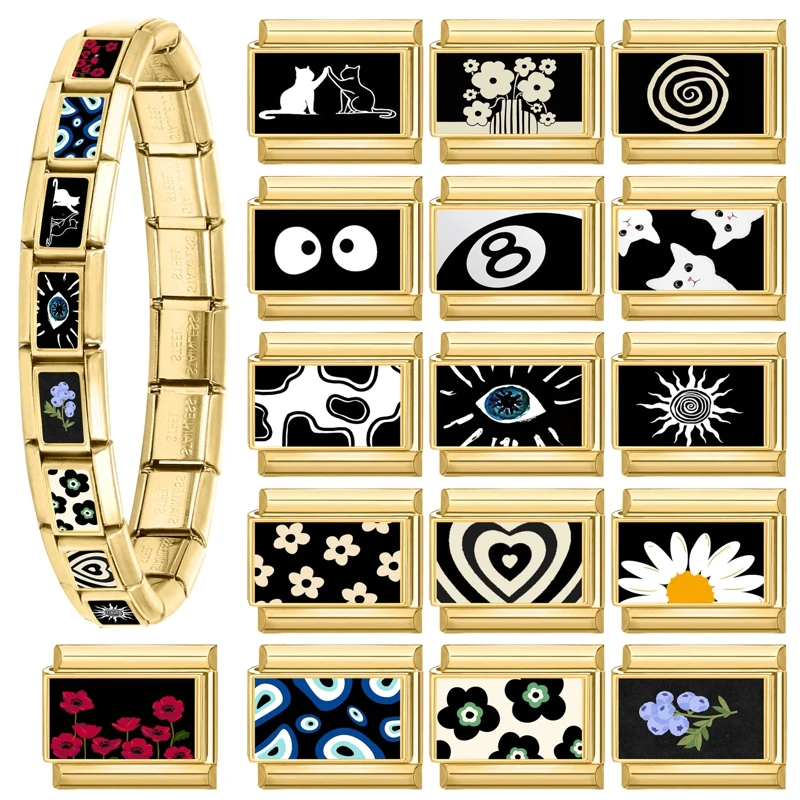 موضة الأسود سلسلة رقم 8 الكرة عيون زهرة القط الذهبي الإيطالي ربط سحر صالح 9 مللي متر الفولاذ المقاوم للصدأ وحدات سوار صنع المجوهرات #3