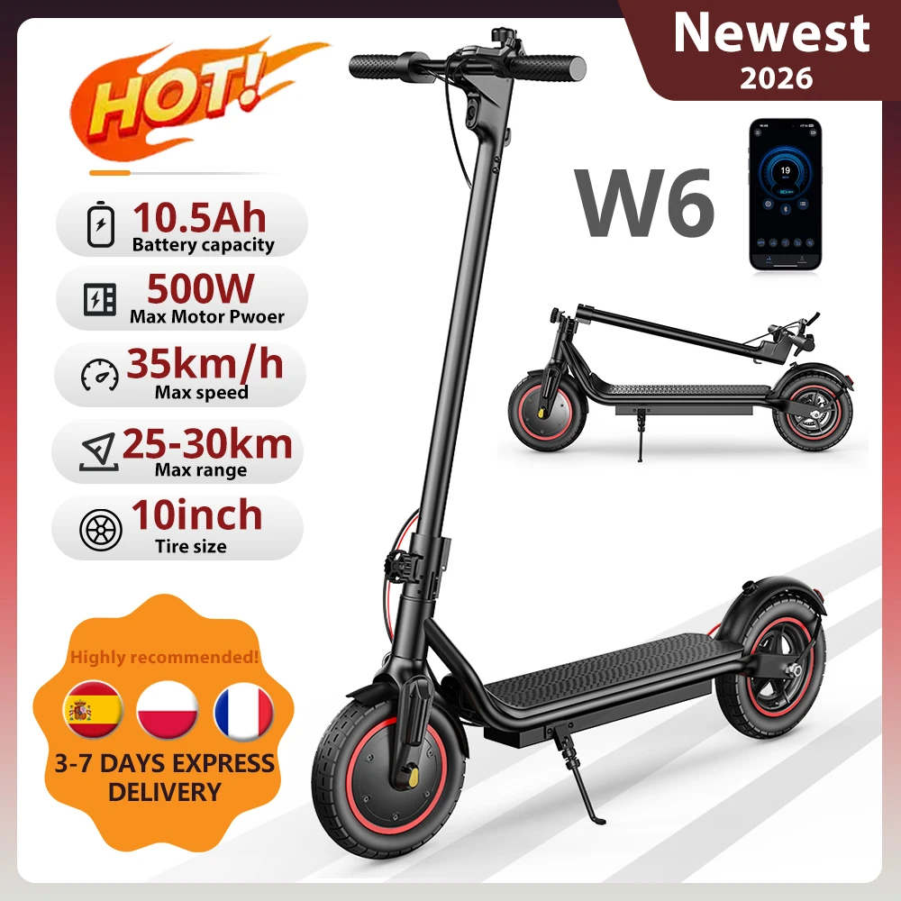 Scooter W6 Scooter elettrico da 10 pollici 500W E-Scooter per adulti 36V 10.5Ah 35 km/h Supporto velocità APP Portata 30 km Scooter elettrici da città