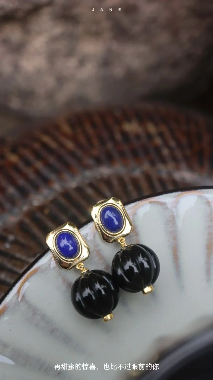 Guaranteed 925 Silver Natural Lapis Lazuli Oval Bezel Setting Ear Stud 14mm Real Black Onyx Retro Pumpkin Drop Earrings Jewelry