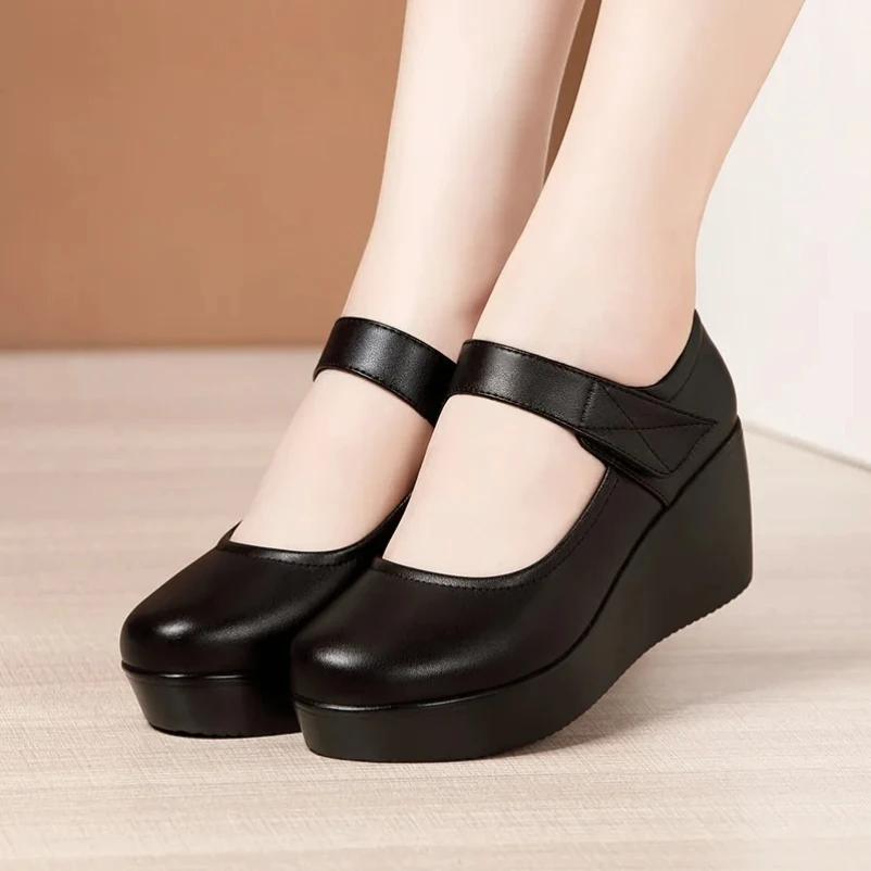 2025 حجم 32 إلى 43 أسافين كعب أحذية النساء جولة تو منصة أبيض أسود أحمر السيدات مكتب الأحذية الأحذية #2