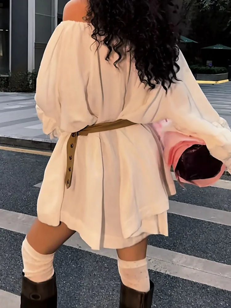 DEEPTOWN Sexy Off Shoulder Shirt Women Streetwear Lace Up O-Neck Ruffles Long Sleeve Elegant Loose White Shirt 2024 Female Tops