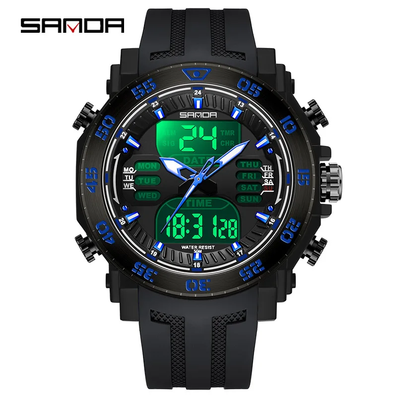 Sanda sporthorloge met dubbel display, waterdicht Japans uurwerk, nachtlampje, stopwatch, heren buiten, trendy, cool studentenhorloge