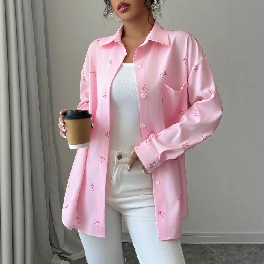 

Women Blouse Shirt spring Autumn Polo Neck bow print button Long Sleeve Workwear Office Lady Casual oversized Cardigan Shirts