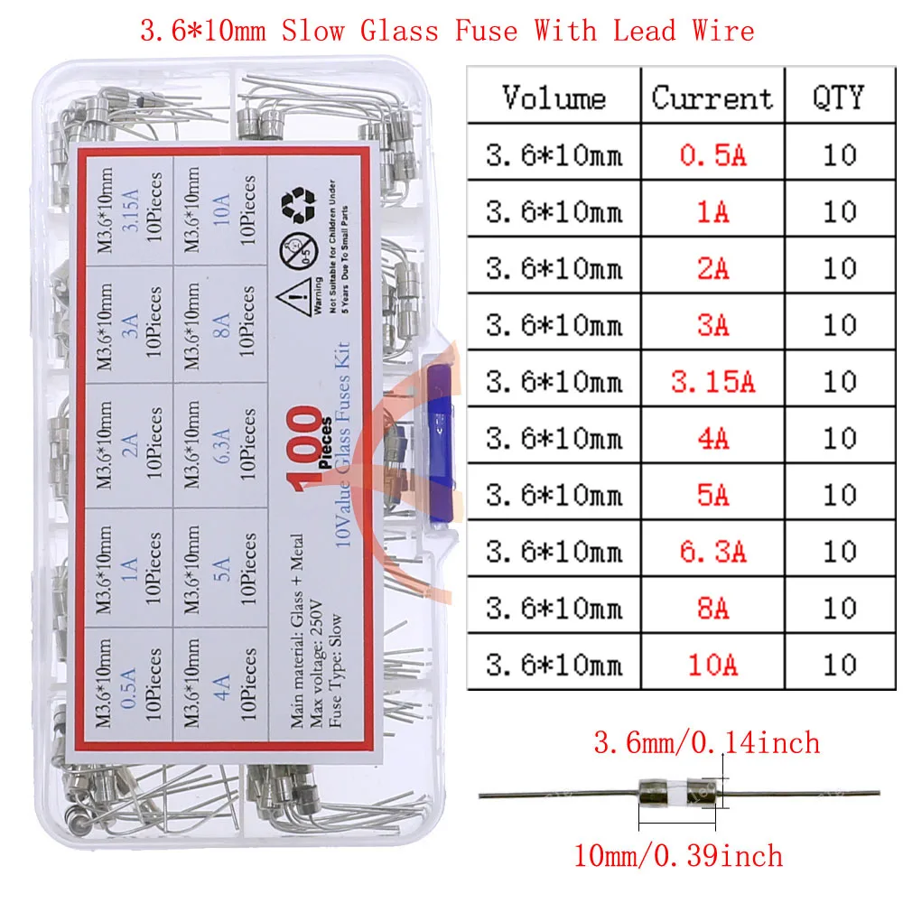 12V-250V Slow Fast Glass Fuse With Lead Wire Mix kit 0.1A 0.25A 0.5A 1A 2A 2.5A 3A 3.15A 4A 5A 6A 6.3A 8A 10A 15A 16A 20A 30A