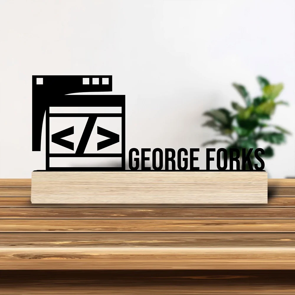 1pc Personalized Desktop Metal Ornaments Customizable Content With Wooden Base Modern Rural Home Desktop Decorations