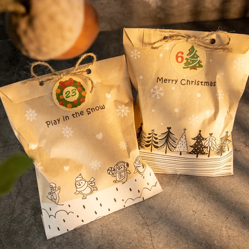 24Sets Vintage Christmas Kraft Paper Bags Let it Snow Candy Treat Bag with Stickers Advent Calendar Xmas Party Favor Gift Pouch