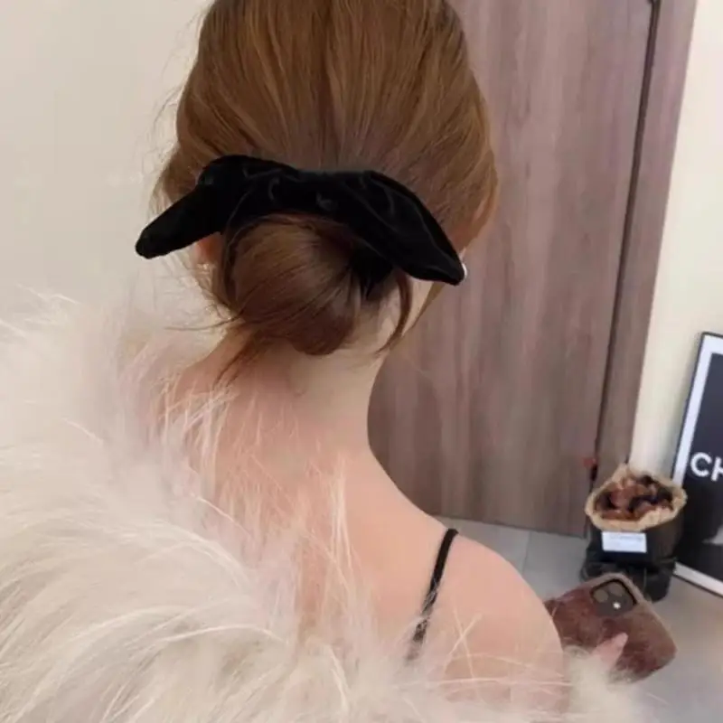 Vintage schwarze Samt-Haargummis mit Schleife für Damen und Mädchen, elegante elastische Haargummis für hohe Pferdeschwänze, Haarschmuck – Detail 5