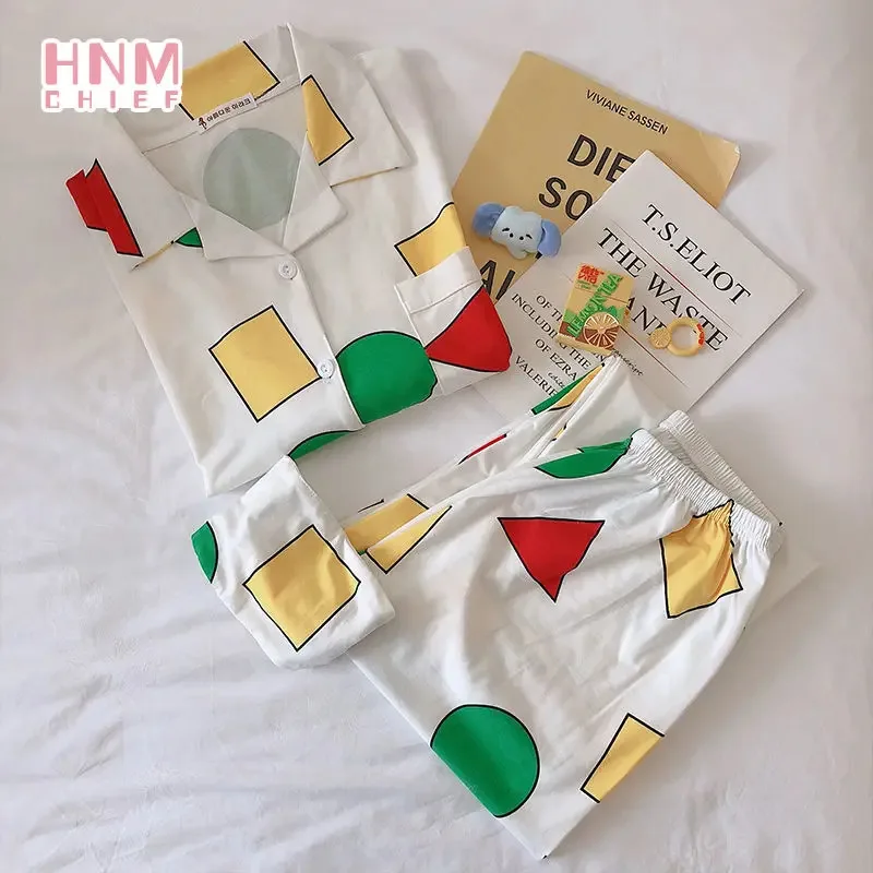 Pijama coreano Schin Chan lindo hogar pareja pijamas Casual estampado de dibujos animados conjunto de 2 piezas Otoño Invierno cálido traje Sinchan de manga larga