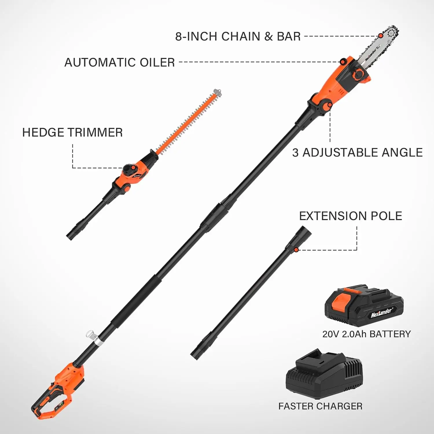 Sierras de polo inalámbricas de 8 pulgadas para recortar árboles y cortasetos de poste de 18 pulgadas 2 en 1, alcance máximo de 15 pies, velocidad de 16 pies/s, engrase automático