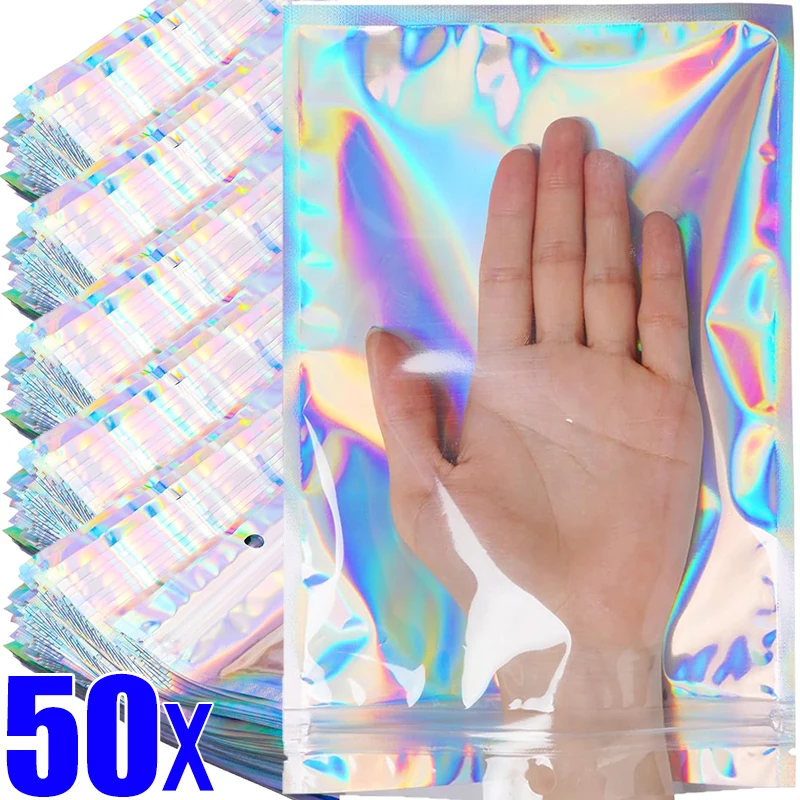 10/50pcs Resealable Laser Self-locking Bags Food Storage Bags Clear Holographic Jewelry Packaging Bags Food Candy Storage Pouch