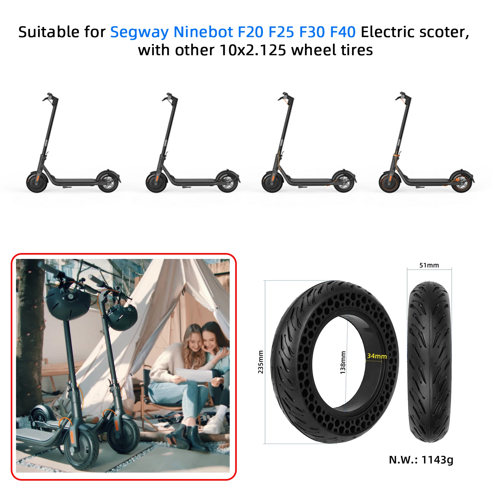 10 Inch 10x2.125 Solid Tire For Ninebot F20 F25 F30 F40 Electric Scooter Off Road Stab-proof Tubeless Tyre Replacement Parts