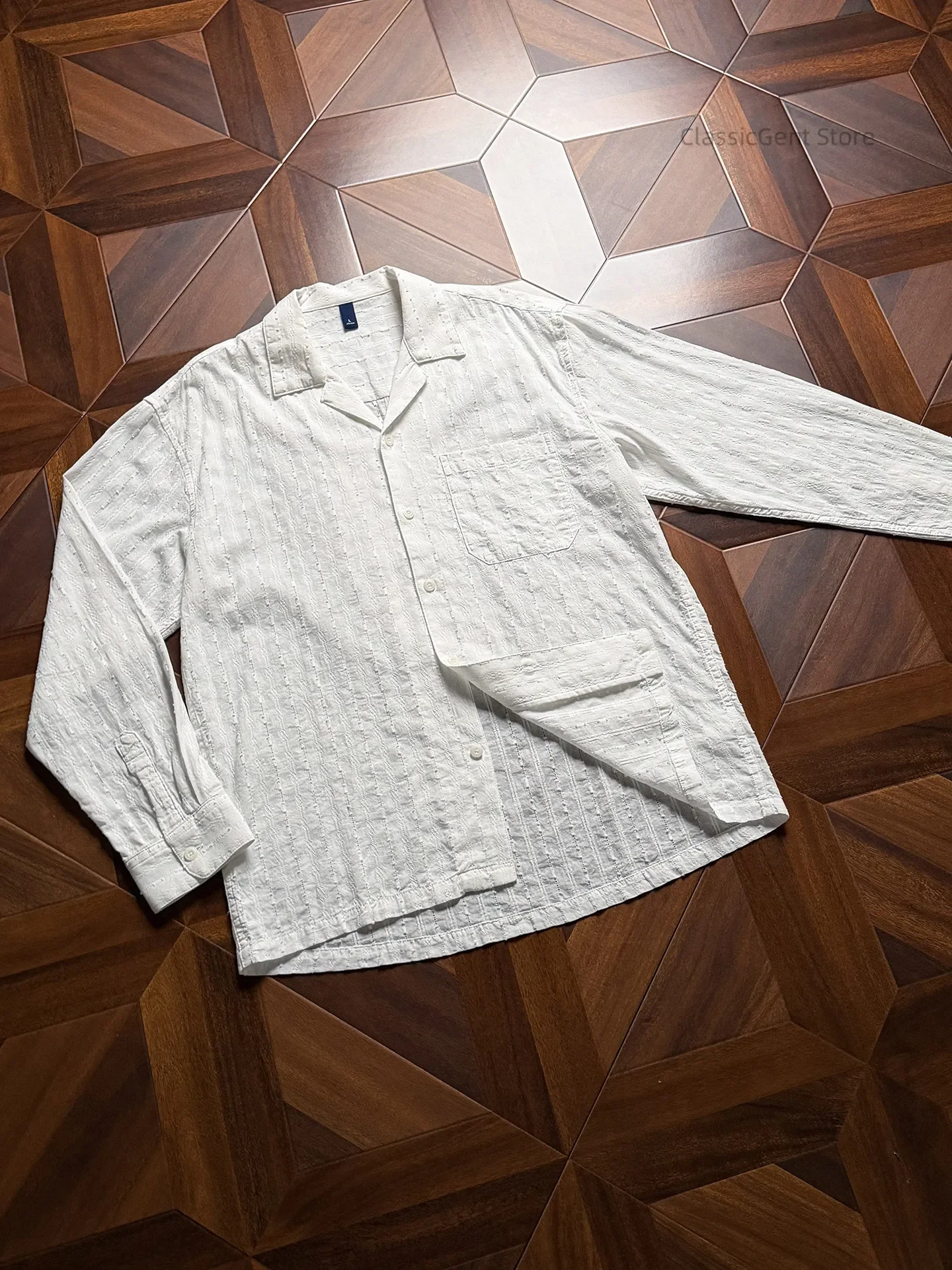 New casual Cuban collar 40 pure cotton clothes breathable three-dimensional jacquard 4.2OZ long-sleeved shirt