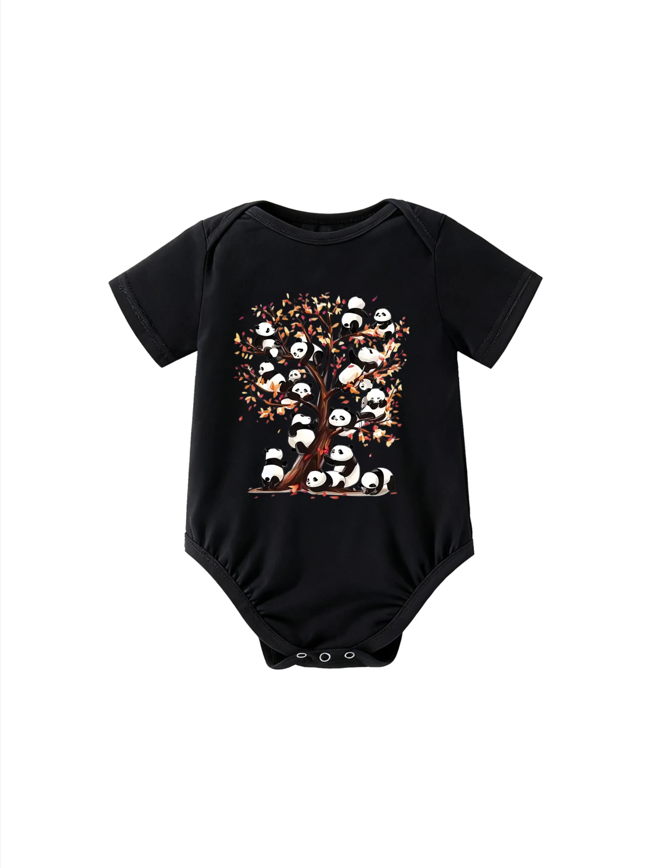 

​Baby Bodysuit Short Sleeve Panda Family Playing in Autumn Tree with Colorful Leaves Pattern for Newborn Boys Girls Nature Theme