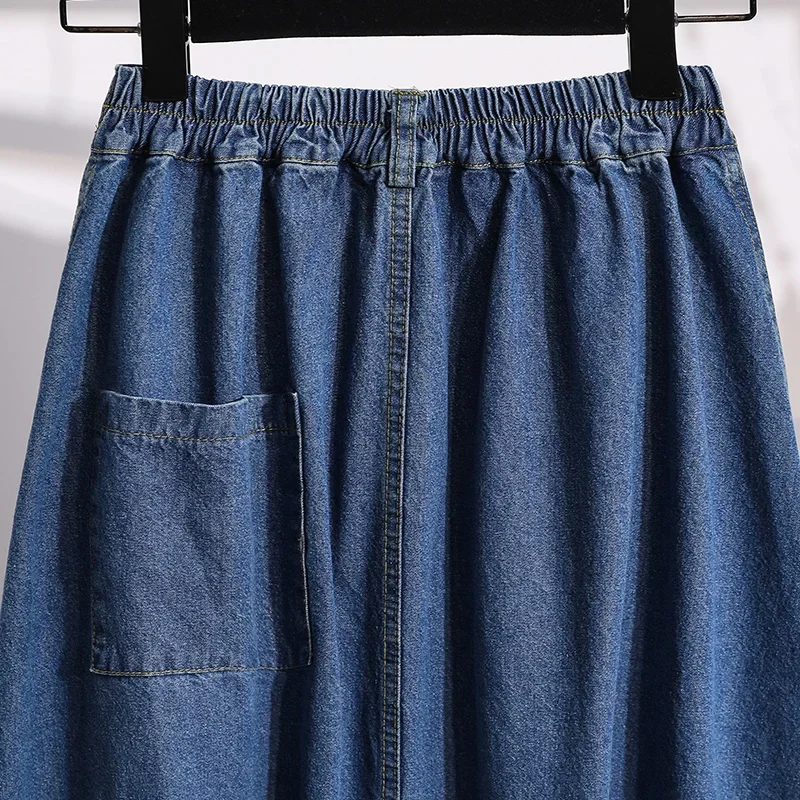 Fashion High Waist Big Size Long Skirt Female Vintage Korean Denim Skirts Womens Elegant A-line Umbrella Jeans Skirt Chic P308