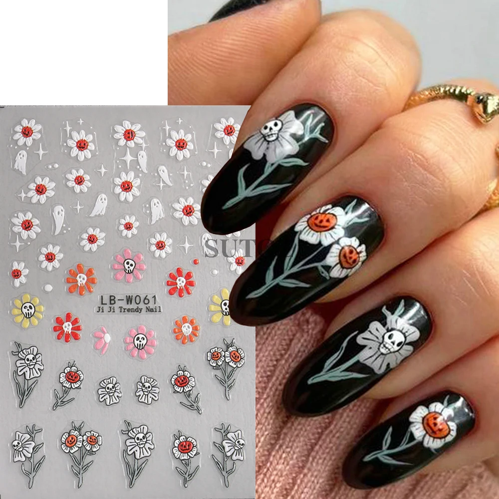 Halloween Cute Ghost Nail Art Stickers Skulls Flower Daisy Nail Decals Y2K Strawberry Spider Self-Adhesive Manicure Decor GLLB-W