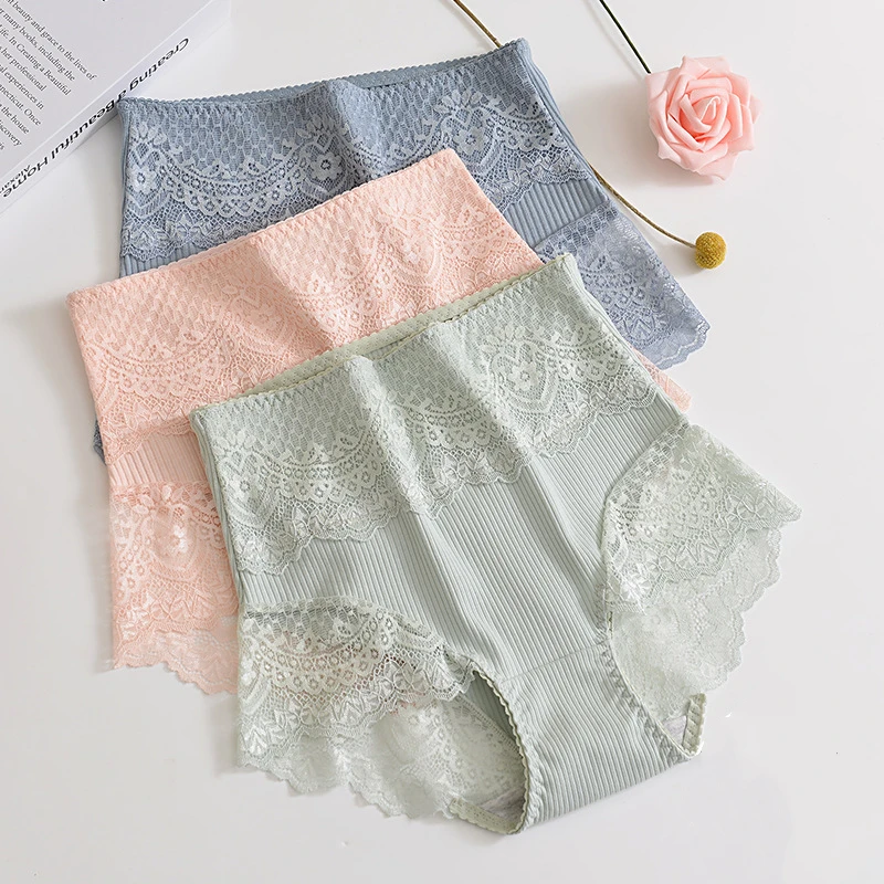 6PCS Women's Cotton Underwear High Waist Antibacterial Panties Sexy Lace Seamless Tummy Briefs Ladies Triangle Shorts Large Size