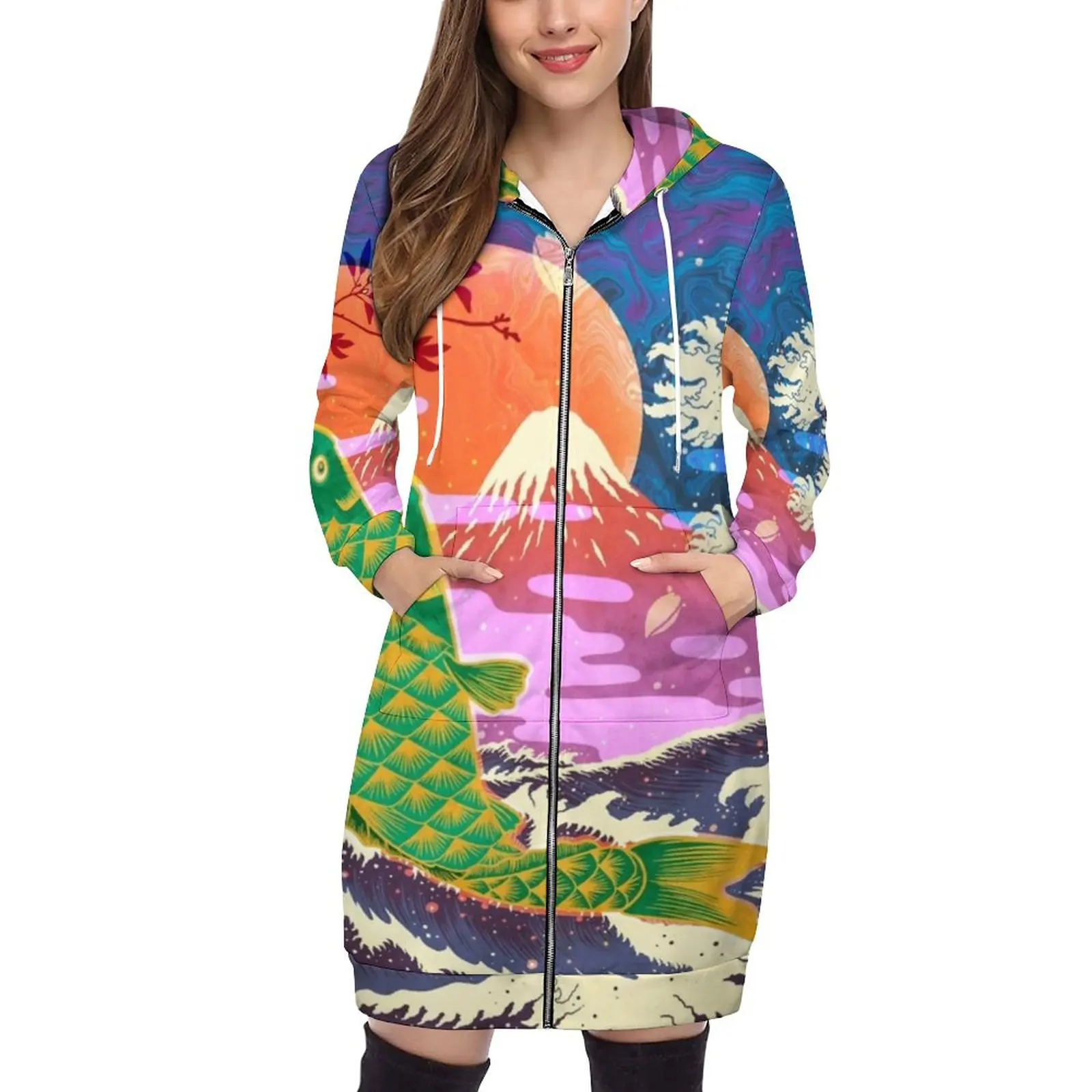 Cyber Koi Pullovers Hoodies Long Sleeve Hoodie Sweatshirt Printed Pocket Hooded Sweatshirts For Women Koi Koifish Ukiyoe