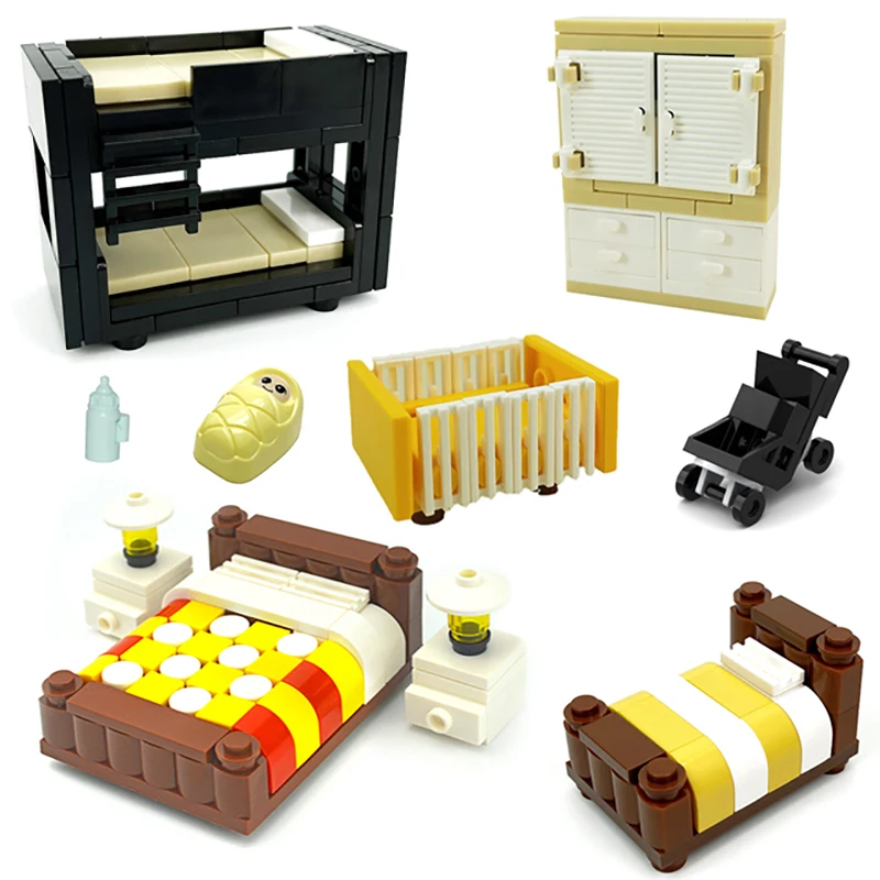 City MOC Building Blocks Parts Bedroom Bricks Toys Doll Bear Rabbit Crib Baby Bottle Bunk Bed Room Frame Compatible With LEGO