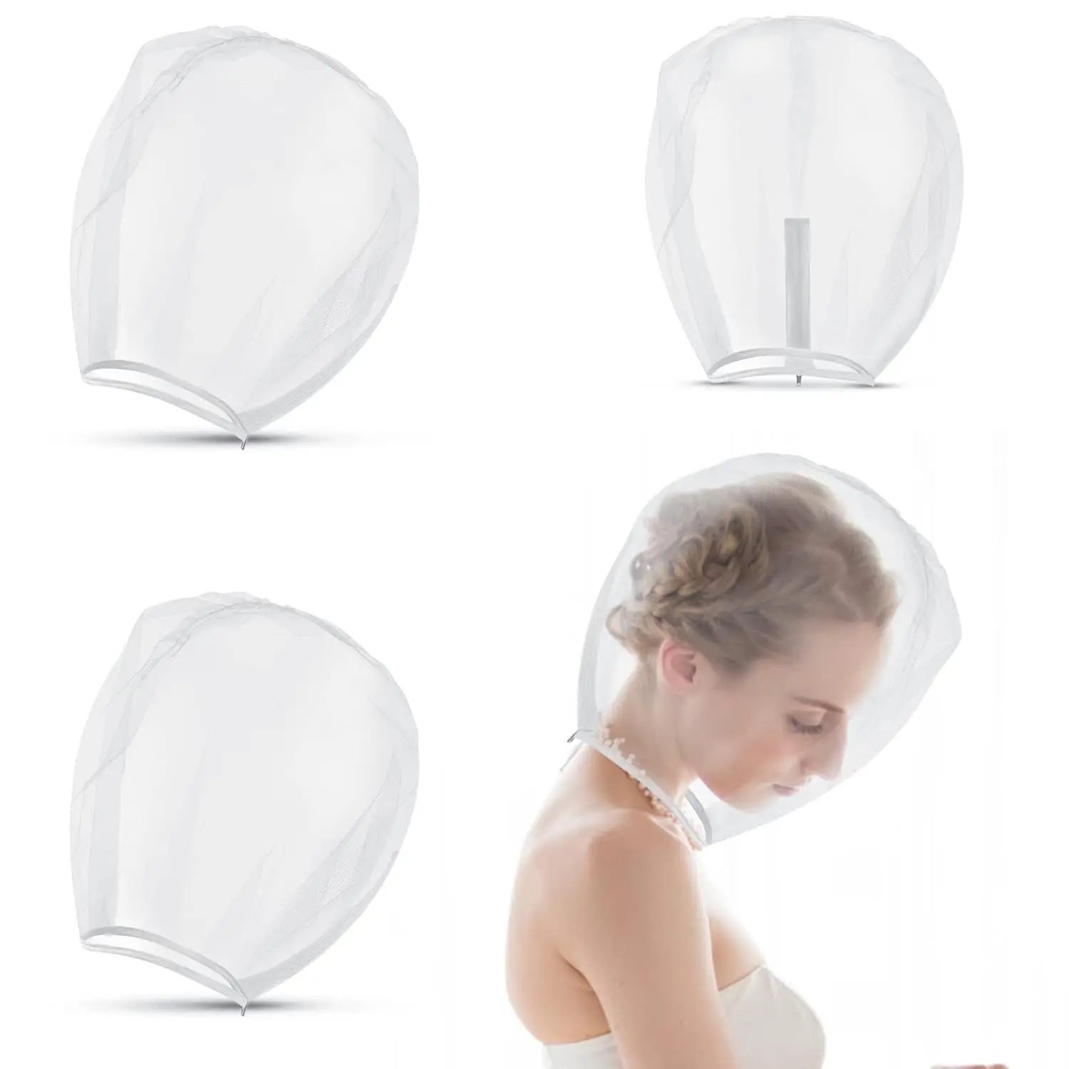 

3 Pack Makeup Protector Hood Nylon Chiffon Light Airy Zipper Closure Washable Face Cover for Women Beauty Weddings White