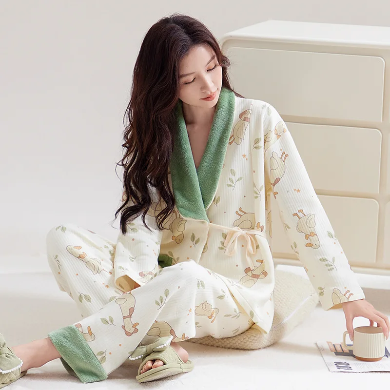 Maternity Nursing Sleepwear Sets V-Neck Breastfeeding Pajamas Cotton Padded Comfortable Autumn Winter for Pregnant Home Lounge