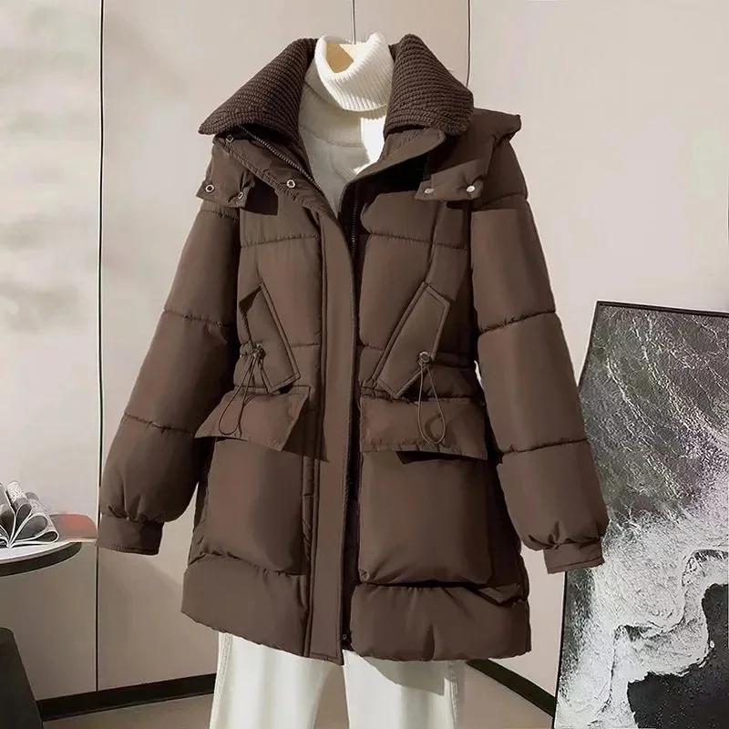 Mulheres para baixo jaqueta de algodão luz casaco quente feminino pão jaqueta puffer feminino solto cordão com capuz parka casaco