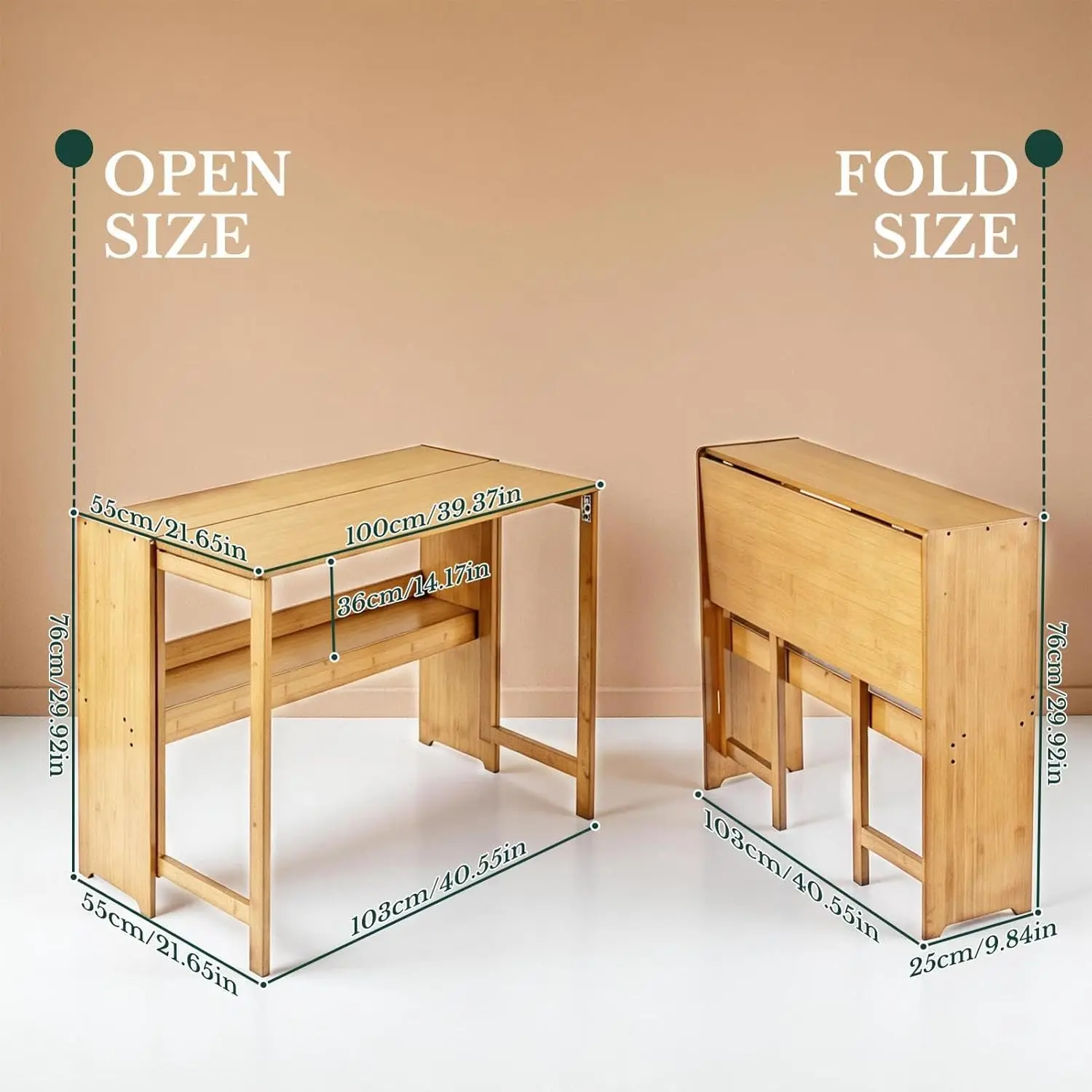 41'' Bamboo Folding Desk with Bookshelf, Space-Saving Computer Desk, Customized
