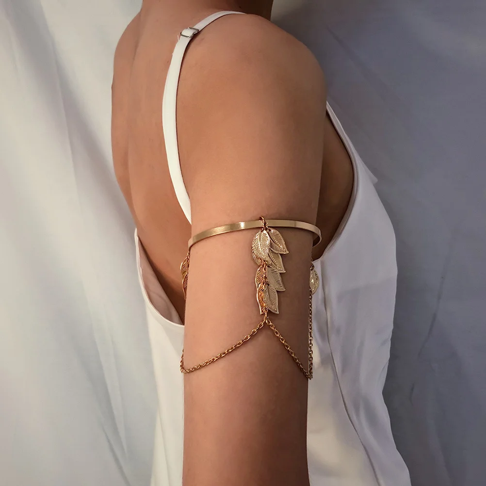 

2Pcs Metal Chain Leaves Arm Cuff Bracelet Lightweight Comfortable Wedding Valentine Gift Women Armlet Jewelry Upper Arm