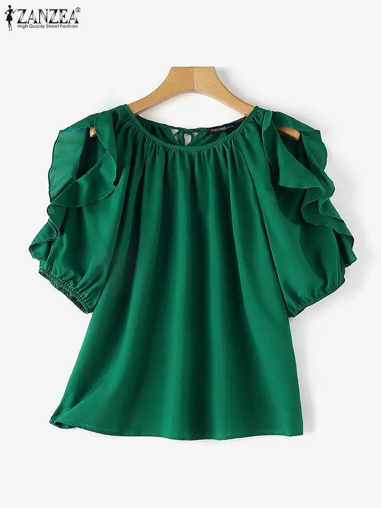 Women Cold Shoulder Blouses Fashion ZANZEA Ruffled Half Sleeve Tops 2024 Back Straps Pleated Tunics Summer Casual Loose Shirts