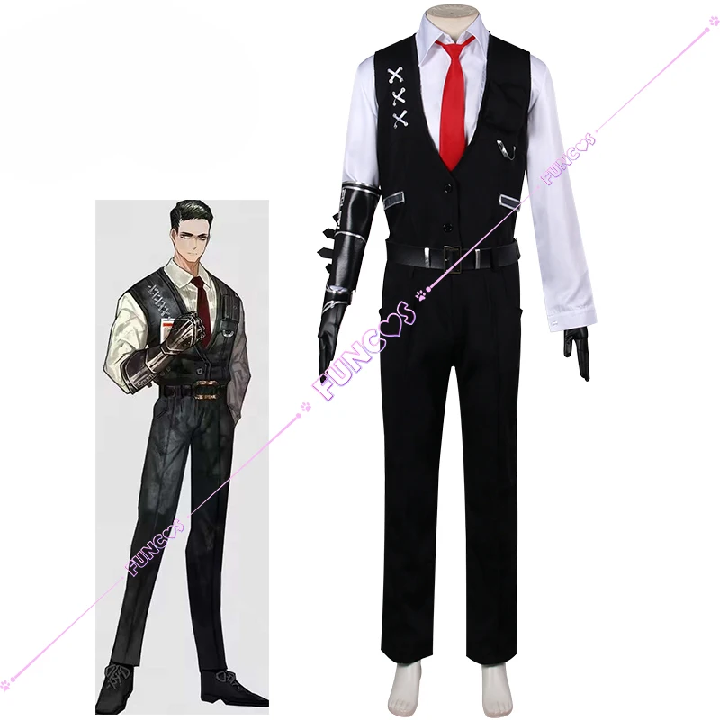 Game Limbus Company Meursault Cosplay Costume Wig Uniform Limbus Company Sinner #5 Top Pants Black Hair Belt Tie for Women Man