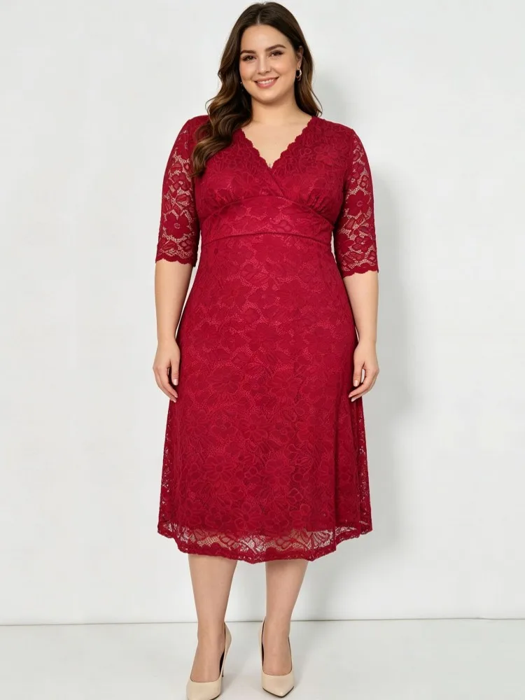 XL-5XL Plus Size Clothes Lace Dresses Women Autumn Summer Robes 3/4 Sleeve Street Style Casual 3XL Big Size Midi Dress Oversized