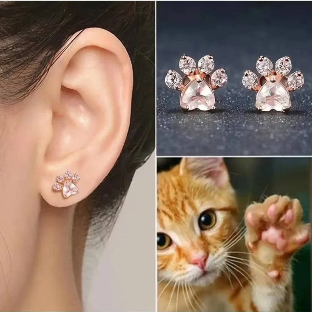 Trendy Cute Cat Paw Earrings for Women Fashing Gold Silver Color Earring Pink Crystal Animal Claw Print Stud Earrings